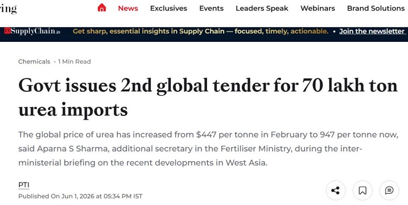 Indien hat eine zweite globale Harnstoffausschreibung für die Kharif-Saison gestartet und strebt 7 Millionen Tonnen an.